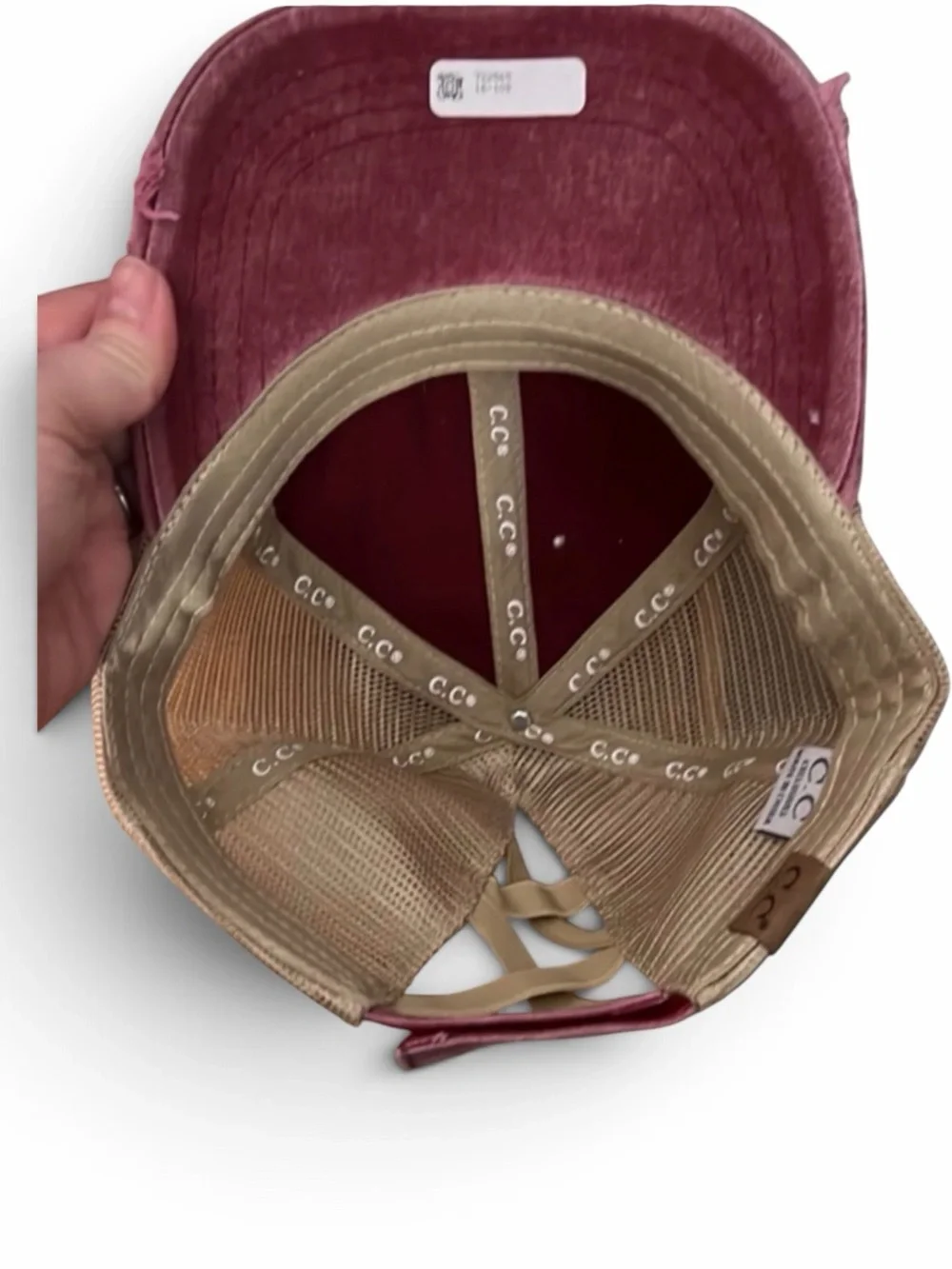 C.C. Pink and Tan Distressed Criss Cross Ponytail Cap